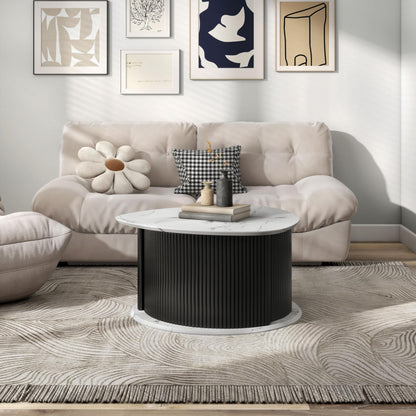 HOMES: Inside + Out Elara Modern 29-inch Triangle Coffee Table with Marble Tabletop, Fluted Iron Pedestal Base and Hidden Storage for Small Space, Living Room, Home Office, Black