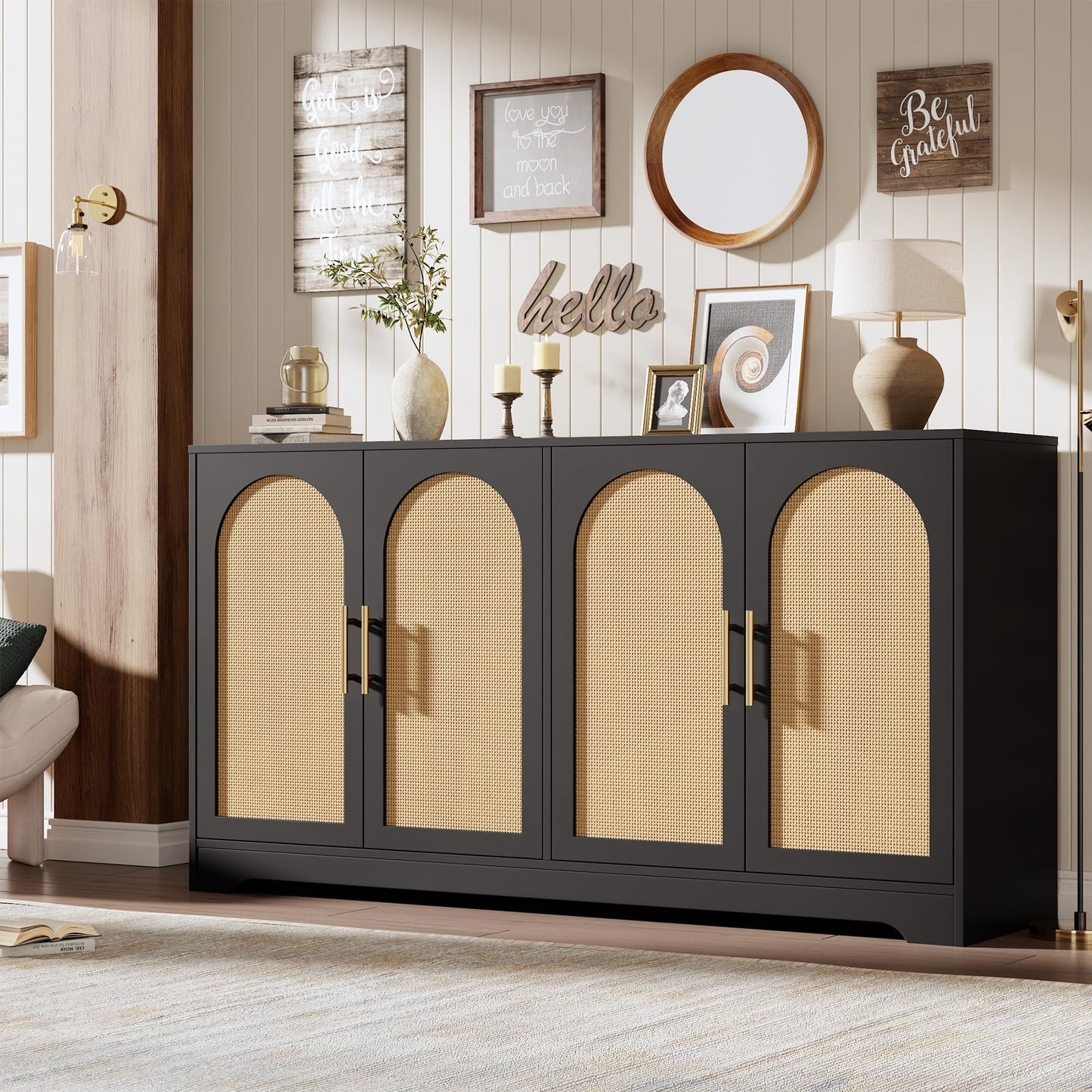 IDEALHOUSE 59" W Sideboard Buffet Cabinet- with 4 Rattan Doors, Large Storage Console Table & Modern Accent Coffee Bar Cabinet for Living Room, Kitchen, Hallway, Dining Room, Entryway, Black