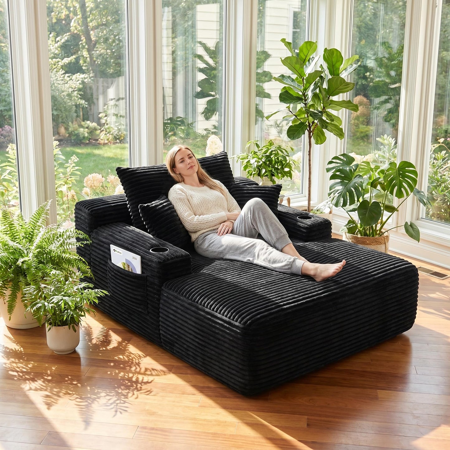 Trygoal 65 inch Boneless Lounge Chair Indoor, Oversized Chaise Lounge with Wide Armrest, Throw Pillows & Cup Holders, Cloud Reading Nook Chair for Living Room & Apartment, Classic Black