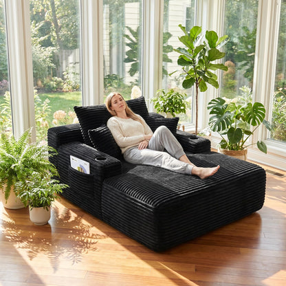 Trygoal 65 inch Boneless Lounge Chair Indoor, Oversized Chaise Lounge with Wide Armrest, Throw Pillows & Cup Holders, Cloud Reading Nook Chair for Living Room & Apartment, Classic Black