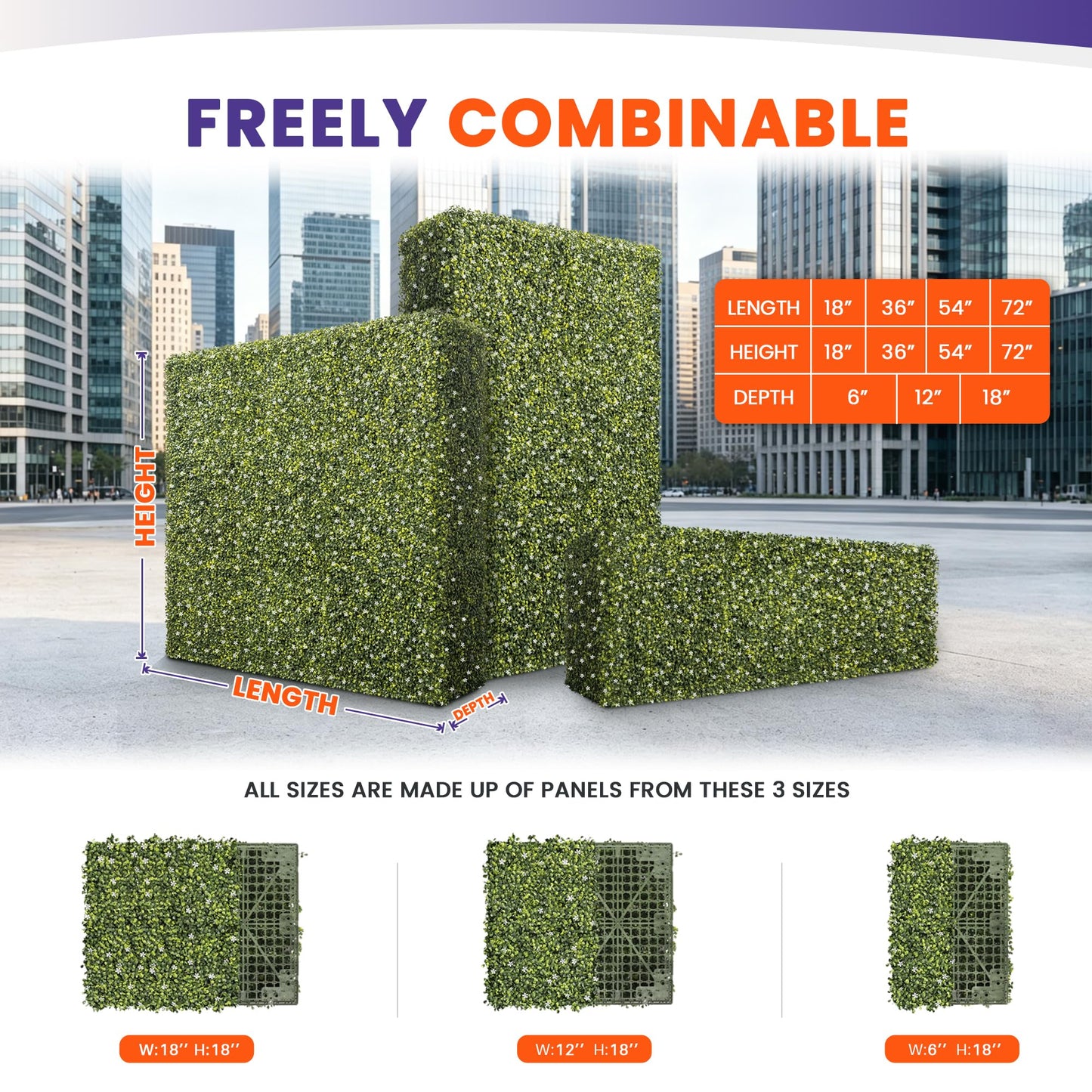 PATIOBREEZE 54" Wx54 Hx6 D Artificial Boxwood Hedge Wall with White Flowers, Greenery Privacy Screen Faux Grass Backdrop Room Divider for Indoor Outdoor Office Patio Garden Party Decoration