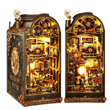 DGRENA Book Nook DIY Miniature House Kit, Steampunk Industrial 3D Wooden Puzzle Bookend with Touch LED Lights, Rotating Gears Mechanical Bookshelf Insert Decor Crafts for Adults Teens Gift