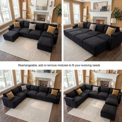 Sectional Couches for Living Room FSC Certified Velvet Modular Couch Oversized Cloud U Shaped Convertible Sleeper Sofa Chaise Detachable Armrest Cushion (Chenille Black, 4 Seat)