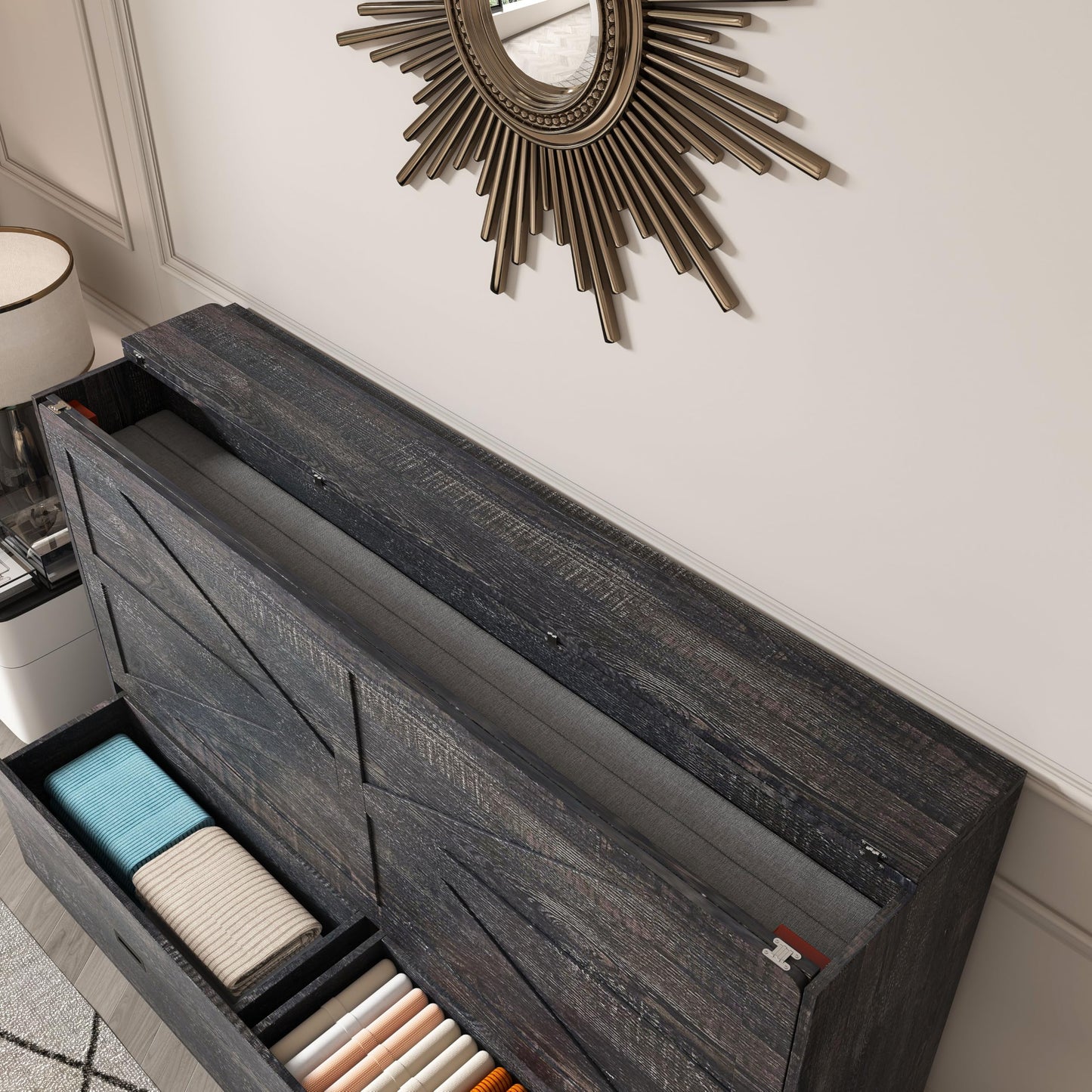 Bellemave Full Murphy Bed with Mattresses and Charging Stations and Storage Drawer, Farmhouse Murphy Cabinet Bed with Foldable Panel, Noisy Free, for Guest Bedroom, Living Room, Carbon Black