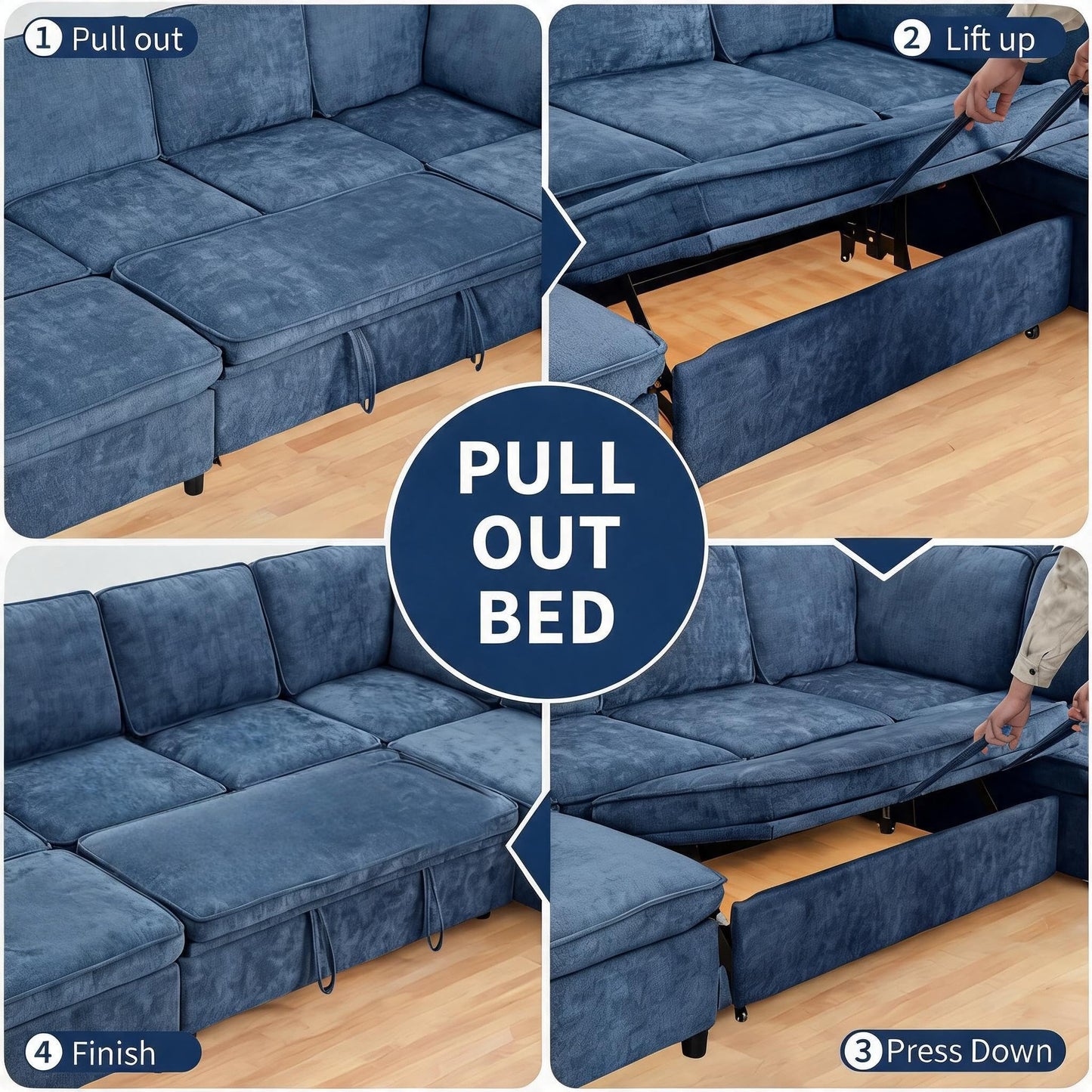 Modular Sectional Couch with Pull Out Sofa Bed, 116" U Shaped Modular Cloud Sofa Set with Ottoman, Charging Port & Foldable Side Table, 7 Seater Comfy Chenille Sleeper Couch for Living Room, Blue