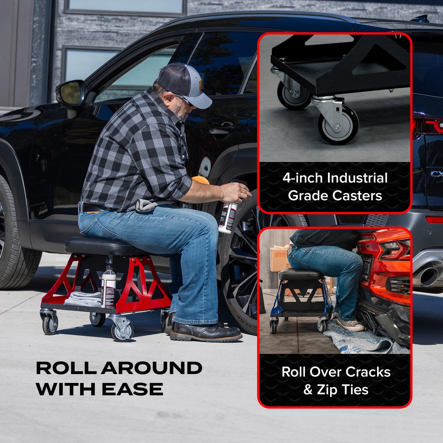 Vyper Low Pro Garage Stool with Removable Seat for Mechanics, Automotive, DIY - 400 lb Capacity Rolling Shop Chair (Black Seat, Red Frame)