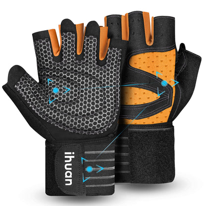 ihuan Ventilated Weight Lifting Gym Workout Gloves with Wrist Wrap Support for Men & Women, Full Palm Protection, for Weightlifting, Training, Fitness, Hanging, Pull ups