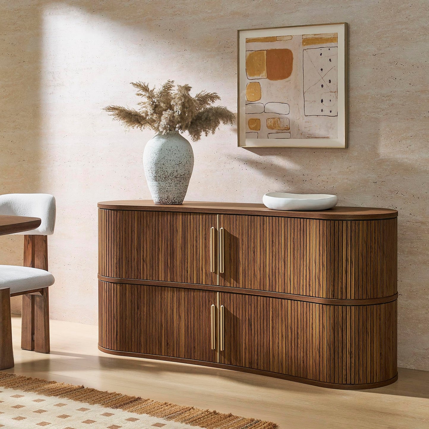 Radcliffe 63" Inch Curved Fluted Sideboard Buffet Cabinet in Walnu