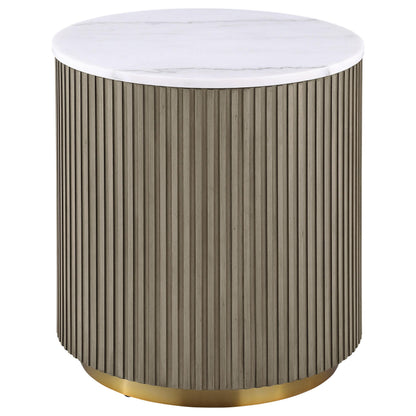 Coaster Home Furnishings - Jason - Wood and Metal - 3-Piece Coffee Table Set with Marble Tops, Reeded Drum Bases, and Gold Ring Accents - Living Room - Greige and White Marble - 711418-S3