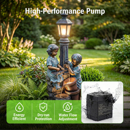 Dalxo 47-Inch Outdoor Water Fountain, 3-Tier Boy and Girl Resin Waterfall Fountain, with Soothing Water Sound & 3 Warm LED Lights, Home Decor for Garden, Patio, Yard, Deck or Lawn in Brown and Blue