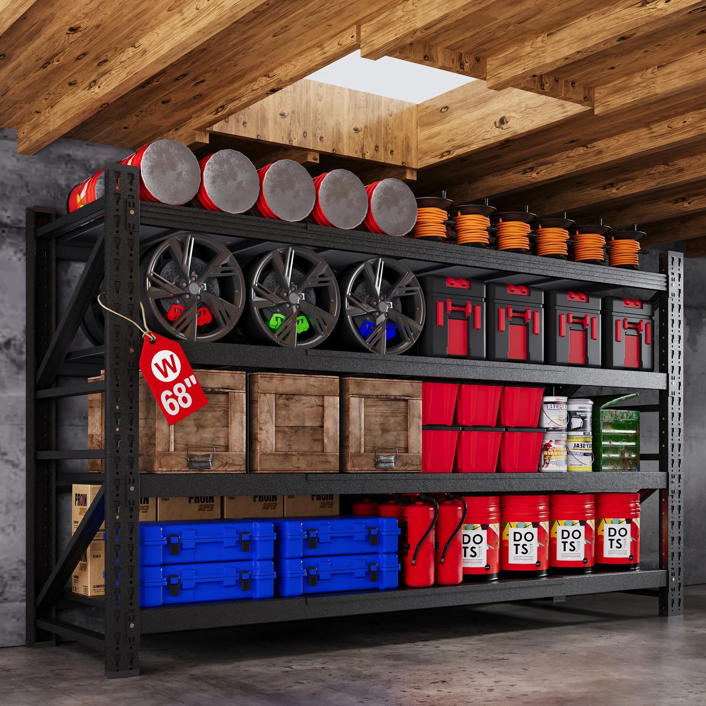 68”W Garage Shelving Units, 8000LBS Storage Shelves Heavy Duty, 24" Deep Metal Shelving Rack, 4 Tier Tall Steel Industrial Shelving , Adjustable Standing Shelf for Warehouse / Shop 68"W x 24"D x 64"H