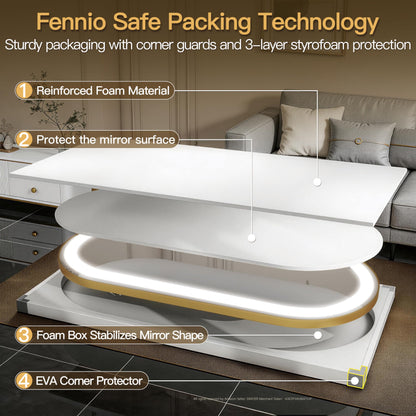 FENNIO 70" x 32" Large Wall Mounted Mirror with LED Lights, Oval Full Length LED Lighted Full Body Dressing Mirror,Salon Mirrors for Hair Stylist,Brushed Aluminum Frame, Tempered Glass(Gold