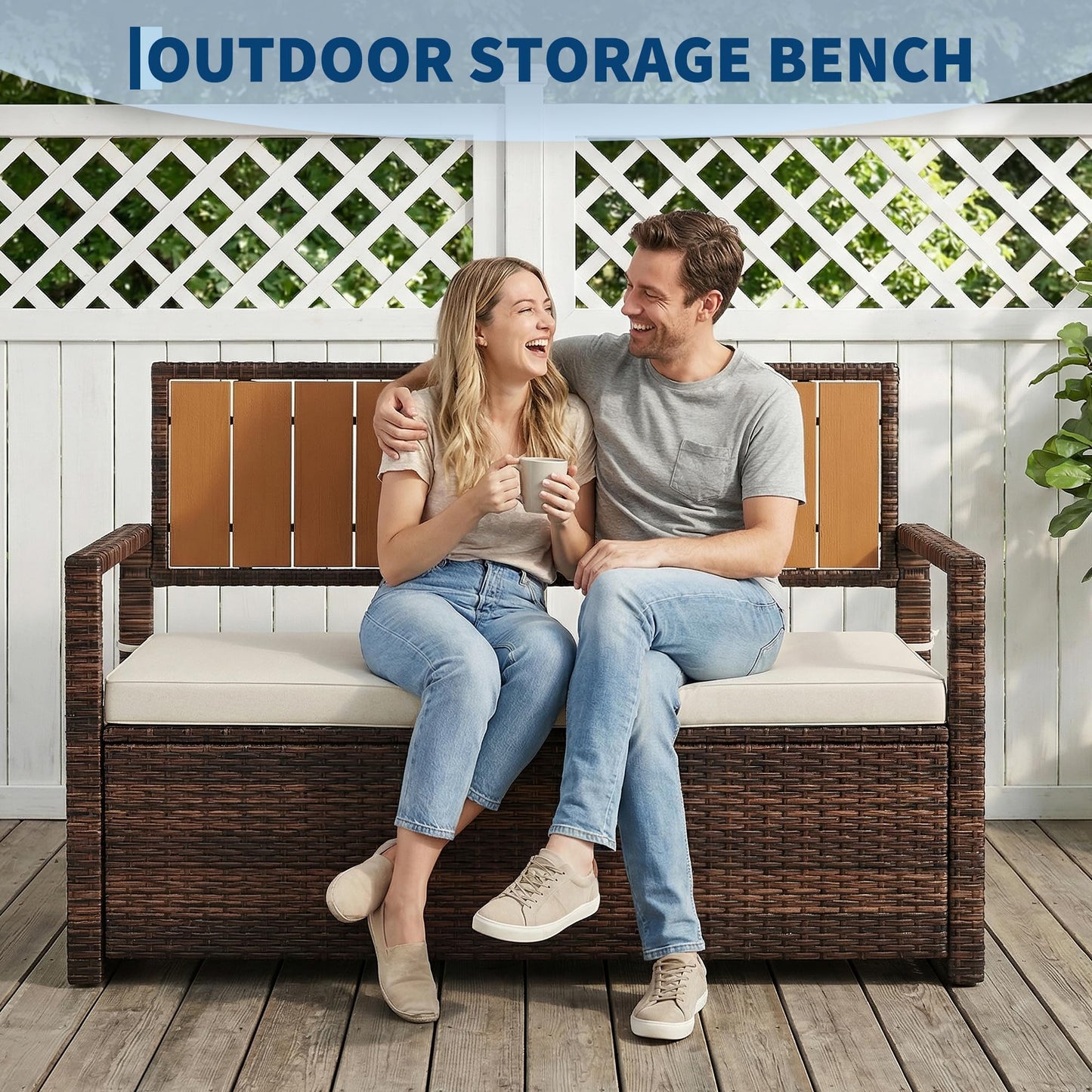 Garvee Dark Brown Wicker Storage Bench, Large Capacity Rattan Ottoman with White Waterproof Seat, Durable Iron & Wood Frame Chest for Toy Blanket Organization, Patio & Indoor Use