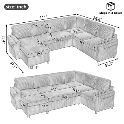 Merax Modern 111 Inch U-Shaped Convertible Sofa with USB Ports and Storage, Corduroy 6-Seat Sectional Pull Out Sleeper Sofa Bed with Chaise Lounge, Couch Set for Living Room, Blue