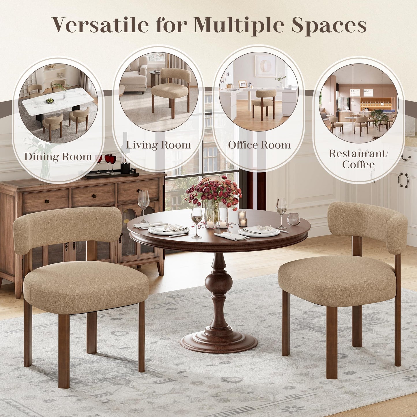 smartue Wooden Dining Chairs Set of 6, Upholstered Kitchen Chairs with Solid Wood Legs, Mid Century Dining Room Chair with Ergonomic Curved Backrest for Kitchen Dining Vanity, Camel