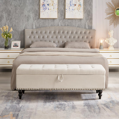 GDFStudio 59" Mid-Century Modern Rectangle Storage Ottoman Bench, Button Tufted Lift-Top Linen Ottoman Foot Rest with Solid Legs and Nailhead Trim, Upholstered Oversized Pouf for Living Room, Beige
