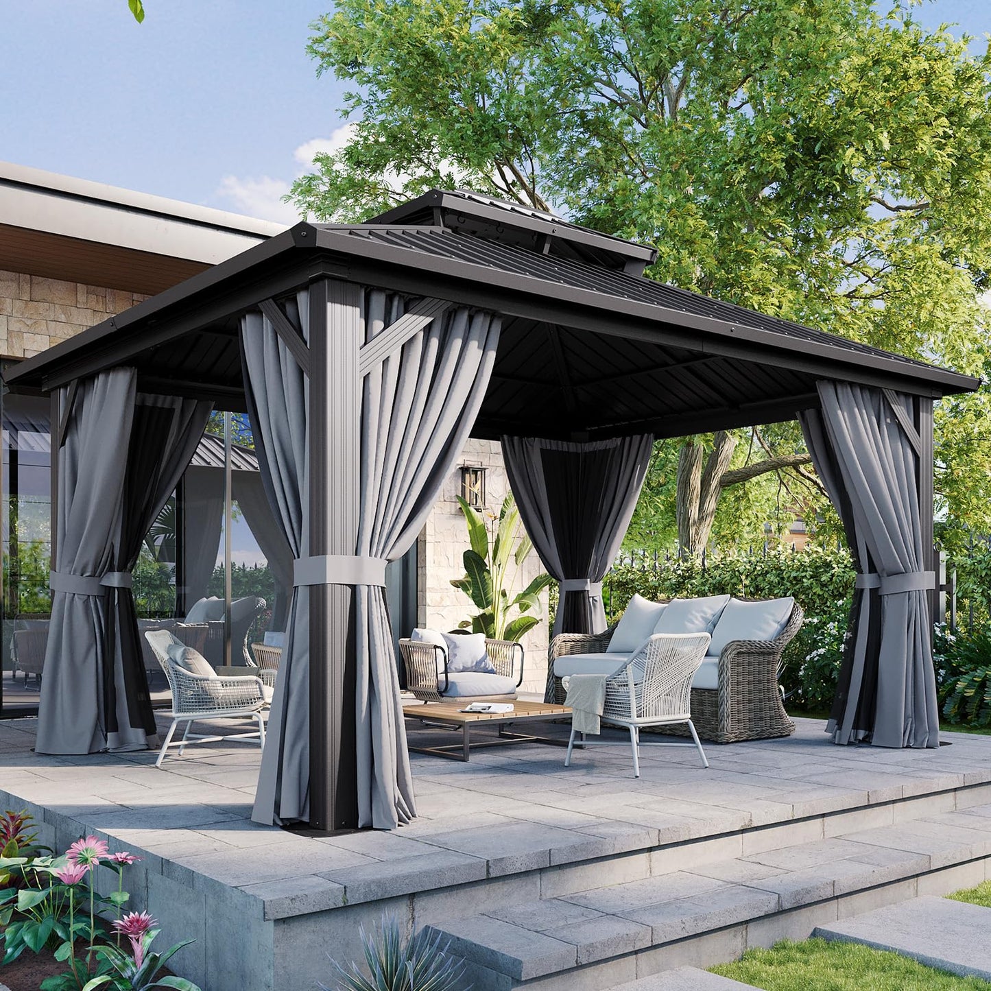 Aoxun 12Ft X 12Ft Hardtop Gazebo, Aluminum Metal Outdoor Gazebo with Breathable Netting and Curtains, Galvanized Steel Double Top, Permanent Patio Pavilion for Backyard, Wedding, Party