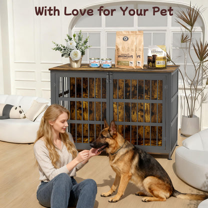 CABZOON 46'' Dog Crate Furniture Large Breed Dog Crate Dog Kennels for Inside Wooden Dog Crates End Table Heavy Duty Indoor Combination Cage for Medium to Large Dogs Walnut