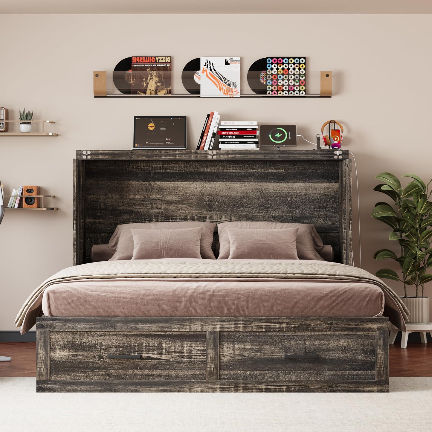 Queen Murphy Bed with Charging Station,Farmhouse Murphy Beds w/Large Storage Drawer,Hideaway Foldable Platform Bed for Guest Bedroom, Living Room, Office,Small Room,Pull Out Bedframe,Grey