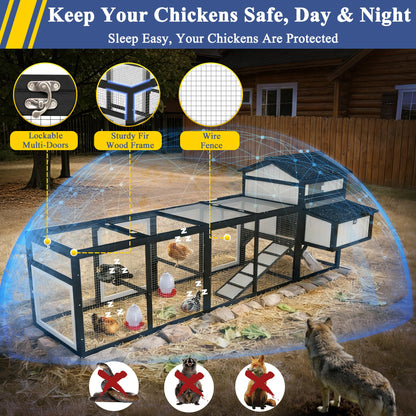 Ketive 116" Large Chicken Coop with Run, Wooden Hen House Outdoor Poultry Cage 28.41 ft² for 4–6 Chickens, 4 Nesting Boxes, 4 Perches, Easy-Clean Slide Out Tray, Expandable Backyard Coop