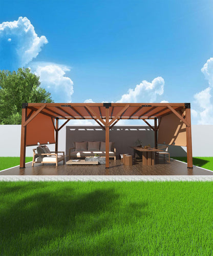 12x20 ft Cedar Wood Pergola with Retractable Shade Canopy, Metal-Reinforced Solid Wood Frame, Outdoor Patio Gazebo for Backyard, Deck, Garden