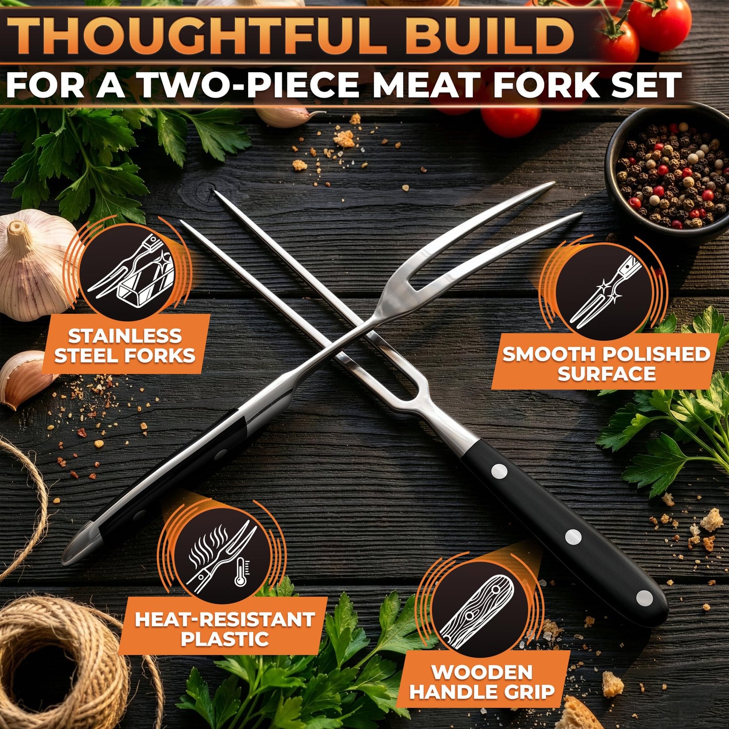 2 Pcs Carving Fork for Meat 11,8 inch - Stainless Steel Meat Fork with Heat-Resistant Handle for Grilling, Cooking, Serving - Straight and Curved Carving Utensils with Classic Two-Prong BBQ Design