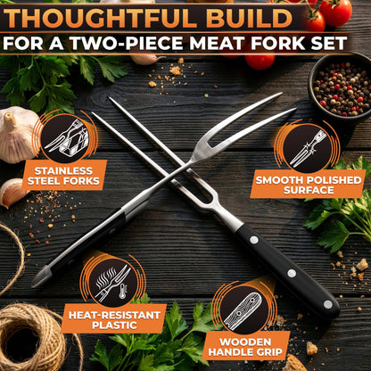 2 Pcs Carving Fork for Meat 11,8 inch - Stainless Steel Meat Fork with Heat-Resistant Handle for Grilling, Cooking, Serving - Straight and Curved Carving Utensils with Classic Two-Prong BBQ Design