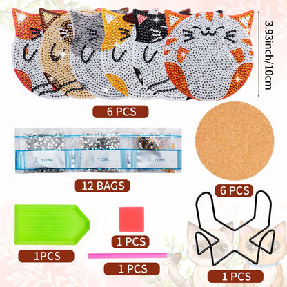 handlish 6 Pieces of Cute cat Diamond Art Coaster with Stand, Adult and Child Diamond Painting Art Set, DIY Diamond Art for Beginners, Family Craft Items (CAT)