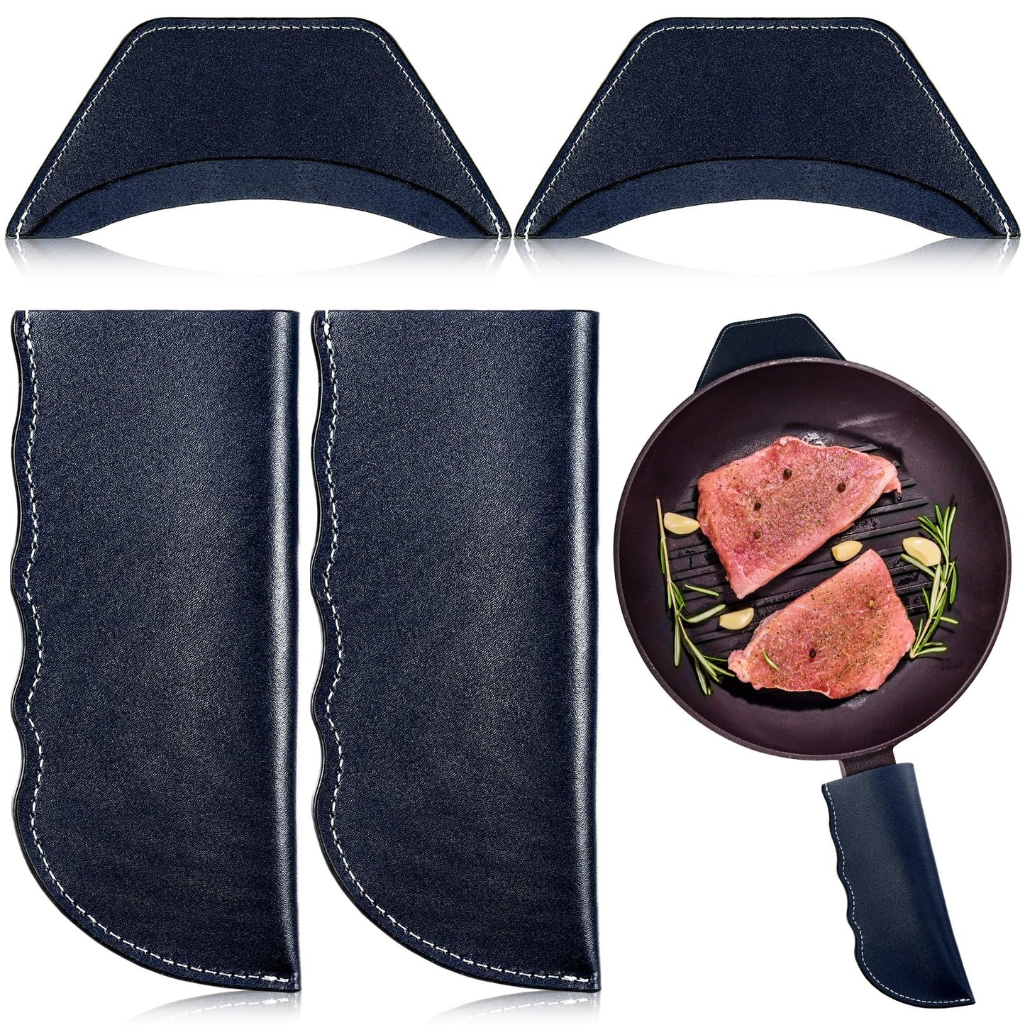 Baderke 4 Pcs Leather Cast Iron Handle Cover Handmade Leather Heat Resistant Skillet Handle Set Pot Holder for Hot Frying Pans, Pots(Blue)