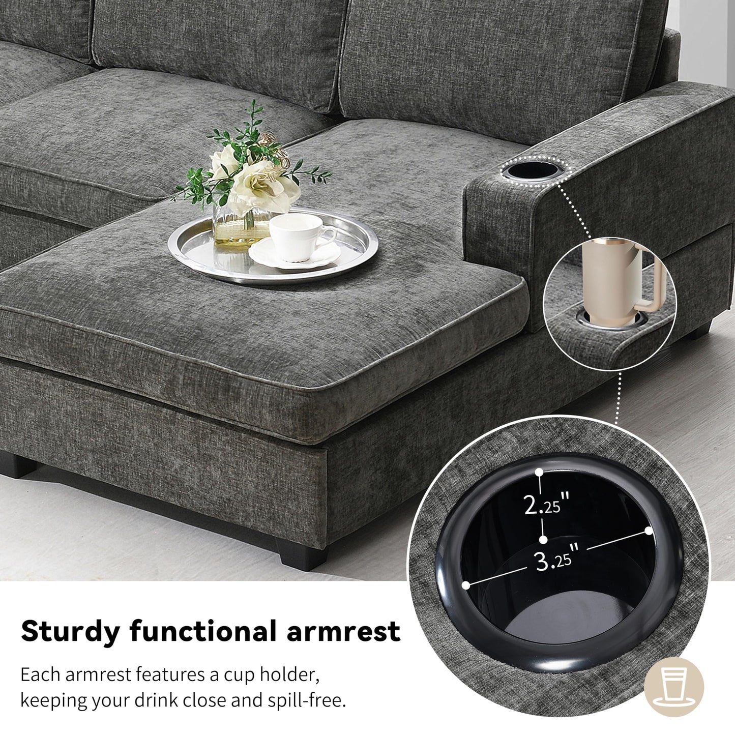 Merax Modern U-Shaped Cloud Couch Set with Oversized Chaise Lounge, Chenille 6-Seat Sectional Sofa Sleeper Bed with Cup Holders for Living Room Dark Gray