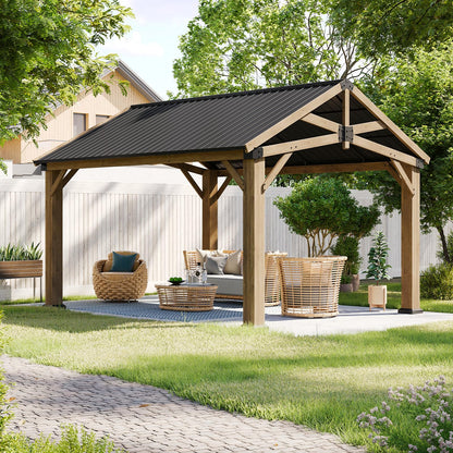 LET’S Patio 12' x 14' Outdoor Cedar Wood Gazebo, Hardtop Gazebo Permanent Wooden Pavilion with Galvanized Steel Gable Roof, for Deck, Garden, Patio, Garden