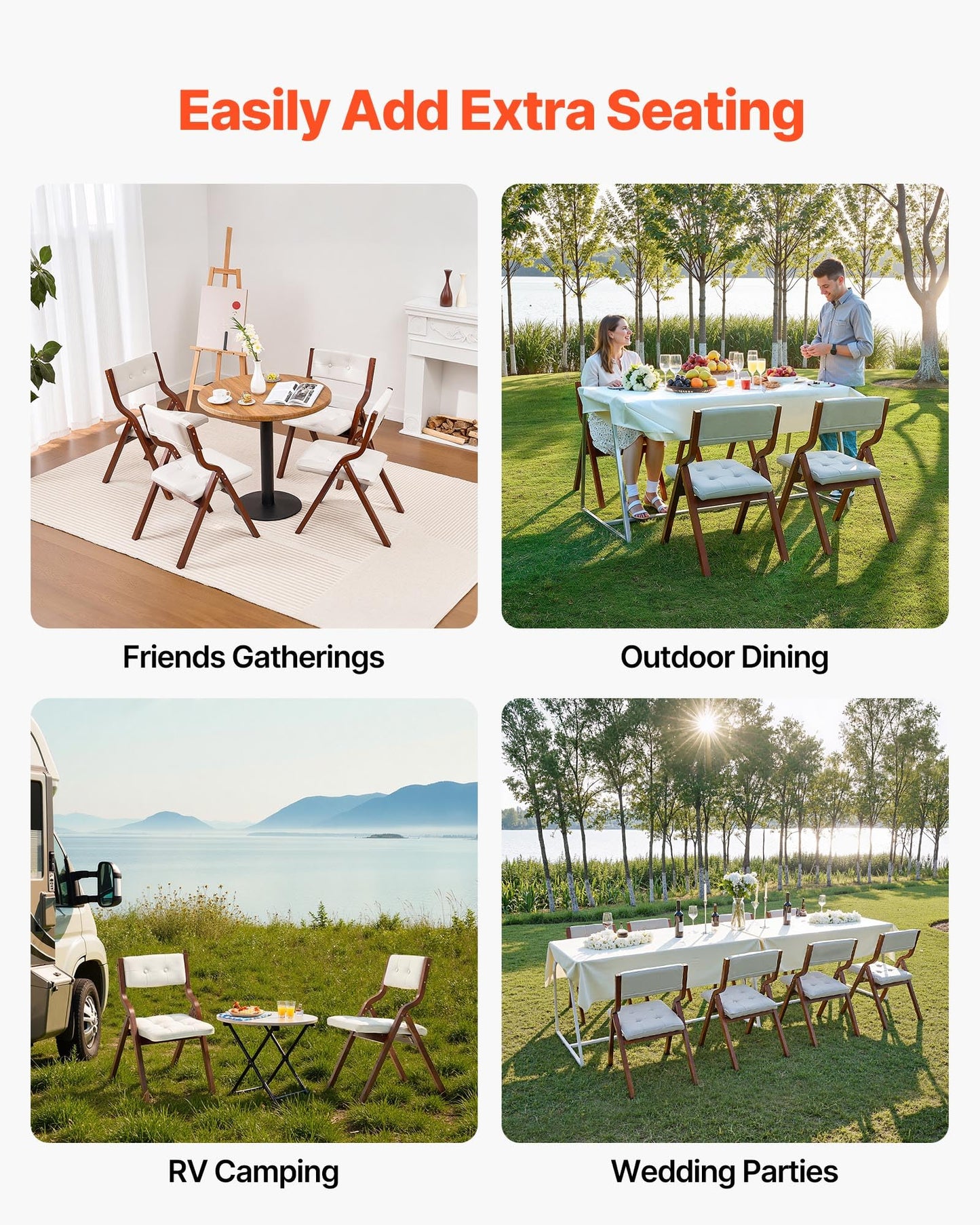 VEVOR Wooden Folding Chairs with Cushion, Set of 4, Portable Foldable Cushion Chair with Wooden Frame, Modern Padded Dining Chair for Kitchen, Office, Wedding, Party, Dining Room, Easy Assembly, White