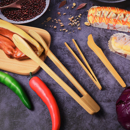 Zopeal 6 Pcs Bamboo Utensils for Cooking Wooden Toaster Tongs Long Cooking Salad Tongs for Picking up Cheese Bacon Toast Cake Fruits Bread Spaghetti for Kitchen Women Men