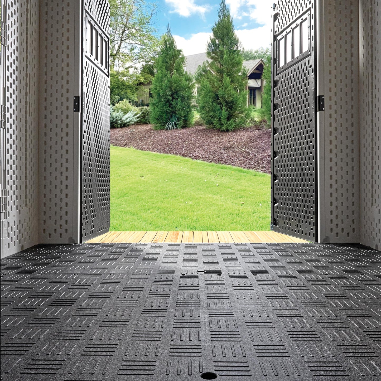 Rubbermaid Resin Outdoor Storage Shed With Floor (7 x 7 Ft) Weather Resistant, White, Organization for Home/Backyard/Garden Tools/Lawn Mower/Bike Storage/Pool Supplies