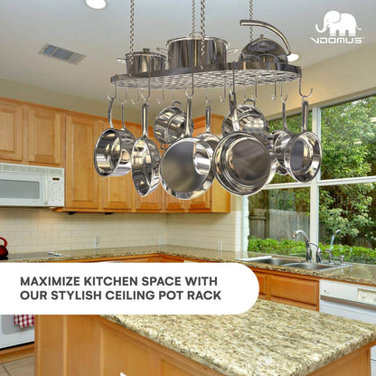 Vdomus Hanging Pot Rack - Ceiling Mount Kitchen Organizer for Pots and Pans with 15 Hooks - 33 x 17 Inches Heavy-Duty, Durable and Space-Saving Pan Holder - Silver
