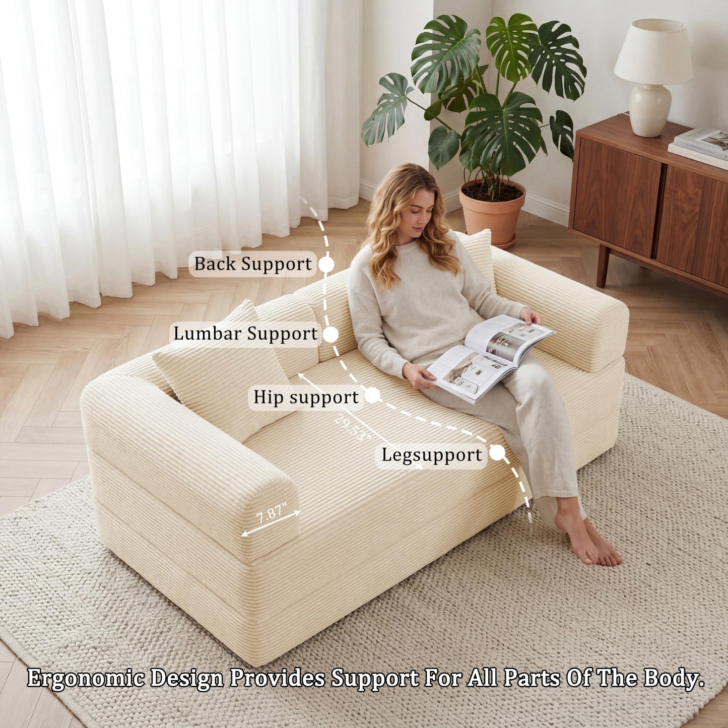 HouseMila 59" Boneless Couch,4-in-1 Futon Sofa Bed Modular Loveseat Sleeper Folding Compressed Couch with Pillows,No Assembly Required Convertible Sofa Bed for Living Room Bedroom Guest Room,Beige