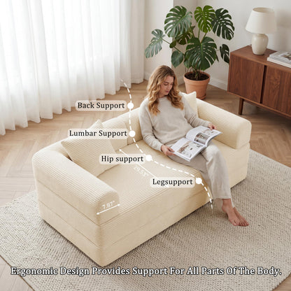 HouseMila 59" Boneless Couch,4-in-1 Futon Sofa Bed Modular Loveseat Sleeper Folding Compressed Couch with Pillows,No Assembly Required Convertible Sofa Bed for Living Room Bedroom Guest Room,Beige