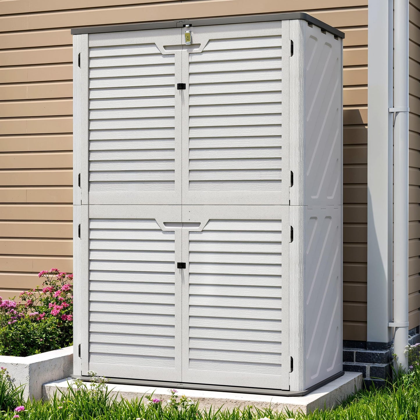 WillowLume 65 Cu.Ft Outdoor Storage Shed, Lockable Outdoor Vertical Resin Storage Cabinet with Floor, All-Weather Waterproof Shed for Garden, Backyard, Pool (65 cu ft)