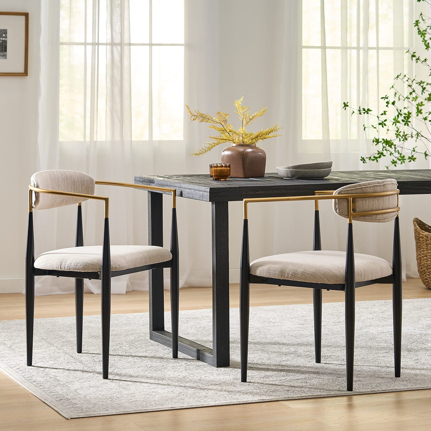 Christopher Knight Home Gertru Dining Chairs Set of 2, Stylish Upholstered Dining Room Chairs, Fabric Kitchen Chair with Gold Black Accent Iron Frame, Elegant Toothpick Design, Beige