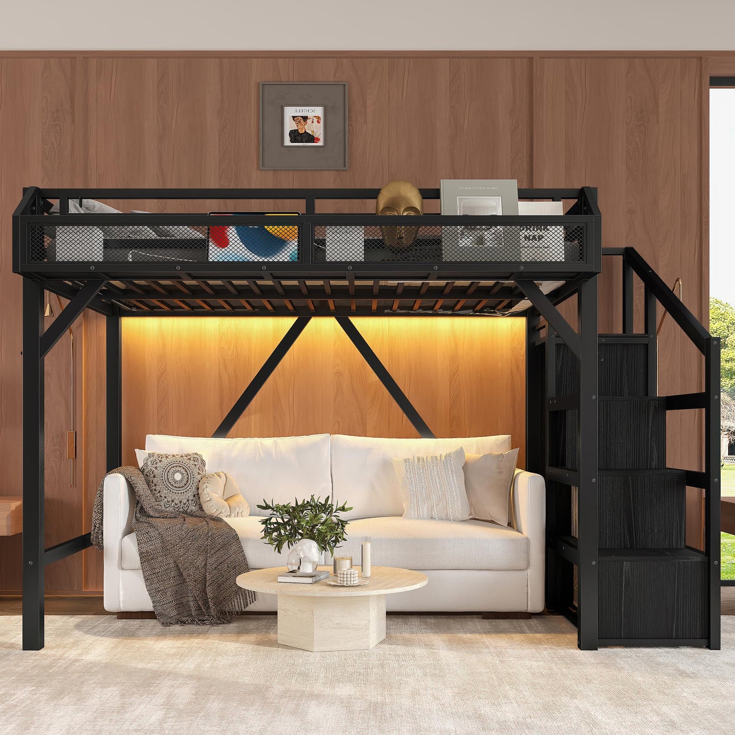 DNYN Loft Bed Frame with Built-in Wardrobe and Storage Stairs for Teens Adults Bedroom, Space-Saving Twin XL Size Bed with LED/USB Ports/Bedside Shelf, No Box Spring Needed & Easy Assemble