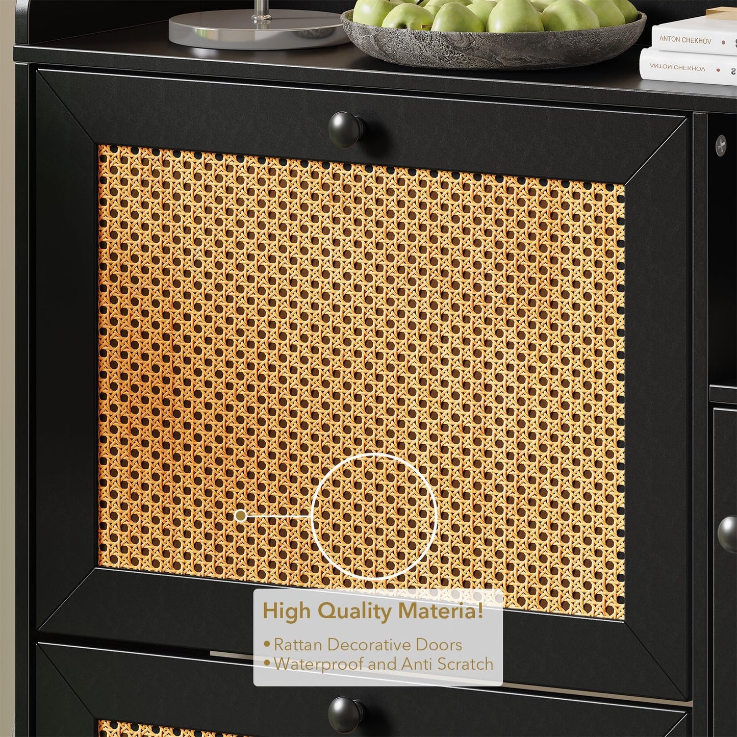 Shoe Storage Cabinet with 3 Flip-Down Doors, Rattan & Metal Frame Organizer, Adjustable Shelves, Narrow Freestanding Rack for Entryway Hallway, Tool-Free Assembly, Modern Farmhouse Decor, Black