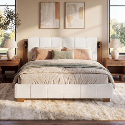 Christopher Knight Home Dora Boucle Upholstered King Bed Frame and Headboard, King Platform Bed and Reading Light, Wooden King Size Bed Frame with Tufted Design, No Box Spring Needed, White + Brown