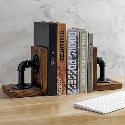 MyGift Book Ends, Decorative Bookends, Heavy Duty Book Holders for Shelves, Rustic Wood with Realistic Industrial Pipe Design,Unique Ideas for Father's Day, Christmas