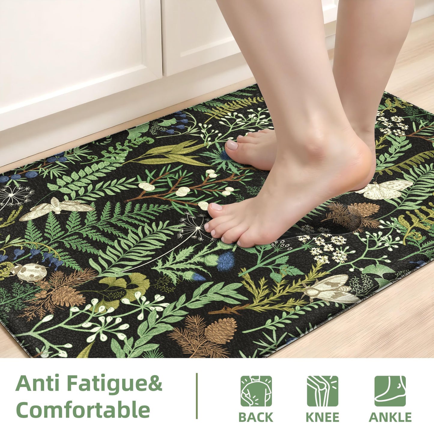 Black Green Botanical Kitchen Rugs Set of 2 Plant Leaf Anti-Fatigue Kitchen Mat Natural Comfort Standing Waterproof PVC Mats 2/5" Thick Leather Carpet for Laundry Office Sink(17.3" x28" + 17.3" x 47")
