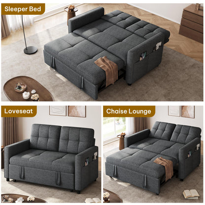 DWVO 55" Convertible Sofa Bed, 3-in-1 Sleeper Sofa with Pull-Out Bed, Linen Futon Couch with Adjustable Backrest and Side Pocket, Modern Loveseat for Living Room Apartment, Grey