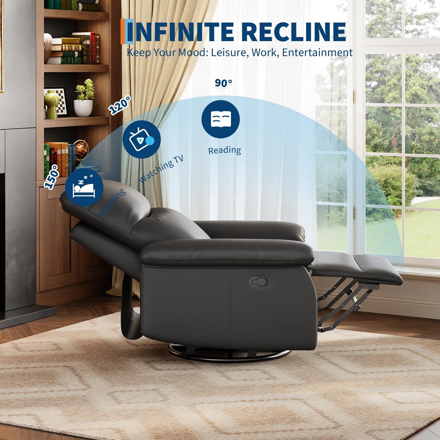 GarveeHome Recliner Chair, 360° Swivel Rocker Glider Nursery Chair with Padded Armrest and Deep Seat, PU Leather Upholstered Reclining Sofa Chair for Living Room, Bedroom and Nursery (Black)