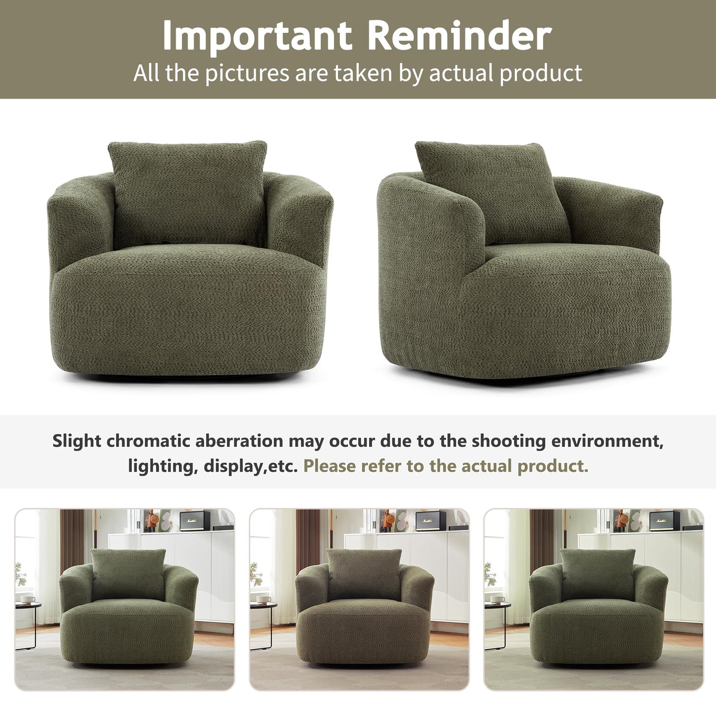 360° Swivel Accent Chair Boneless Barrel Armchair Ergonomic Upholstered Nursery Chair for Living Room Bedroom, Comfy Boucle Fabric
