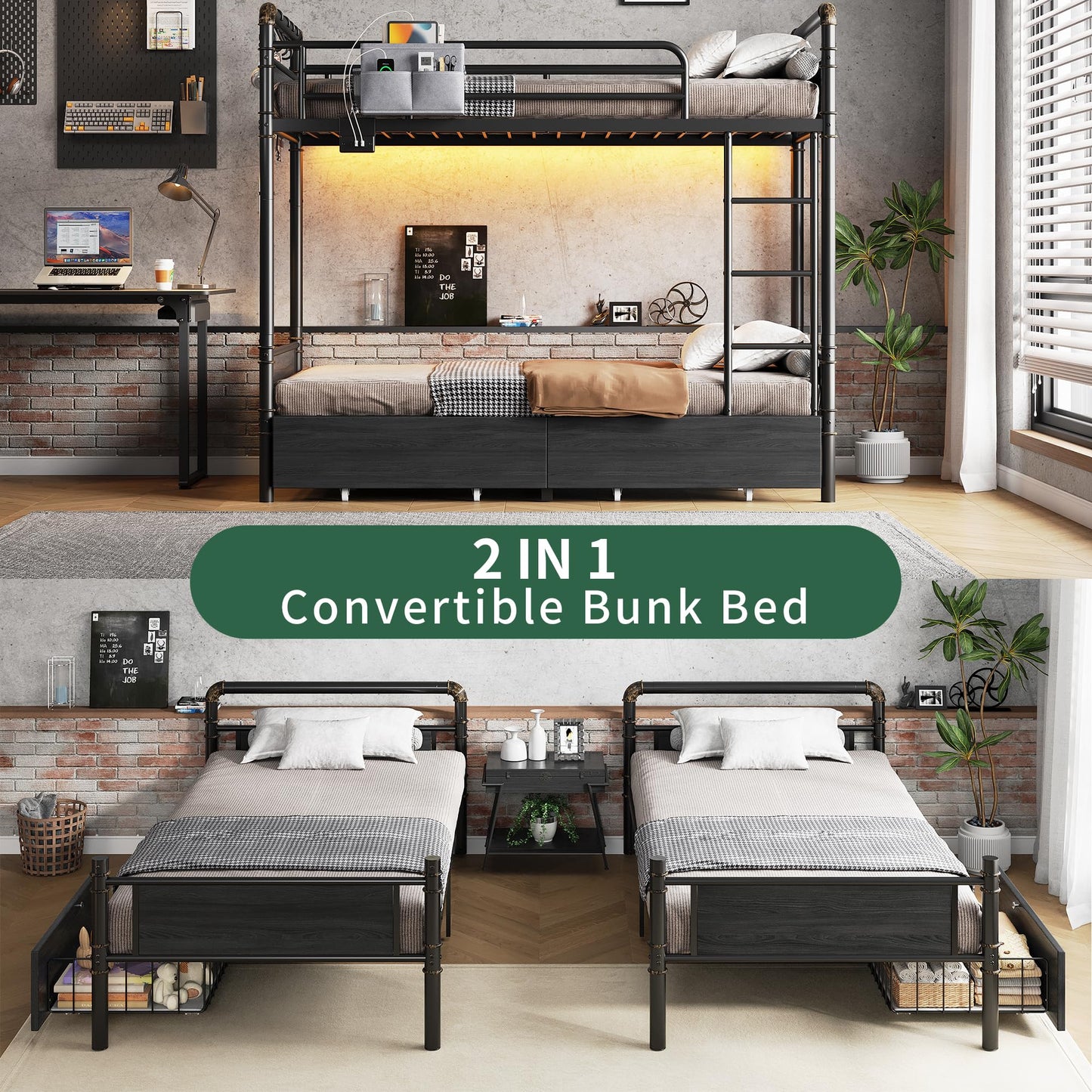 Jocoevol Metal LED Bunk Bed Twin Over Twin with 2 Storage Drawers, USB Charging Station, Industrial Bunkbeds Heavy Duty Bed with Safety Guardrail and Ladder, No Box Spring Needed, Black