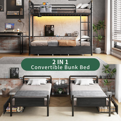 Jocoevol Metal LED Bunk Bed Twin Over Twin with 2 Storage Drawers, USB Charging Station, Industrial Bunkbeds Heavy Duty Bed with Safety Guardrail and Ladder, No Box Spring Needed, Black