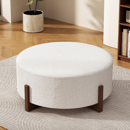 Christopher Knight Home Holmes Modern Boulce Upholstered Ottoman Coffee Table, Wooden Round Cocktail Ottoman, Large Living Room Sofa Footstool/Footrest, White+Walnut